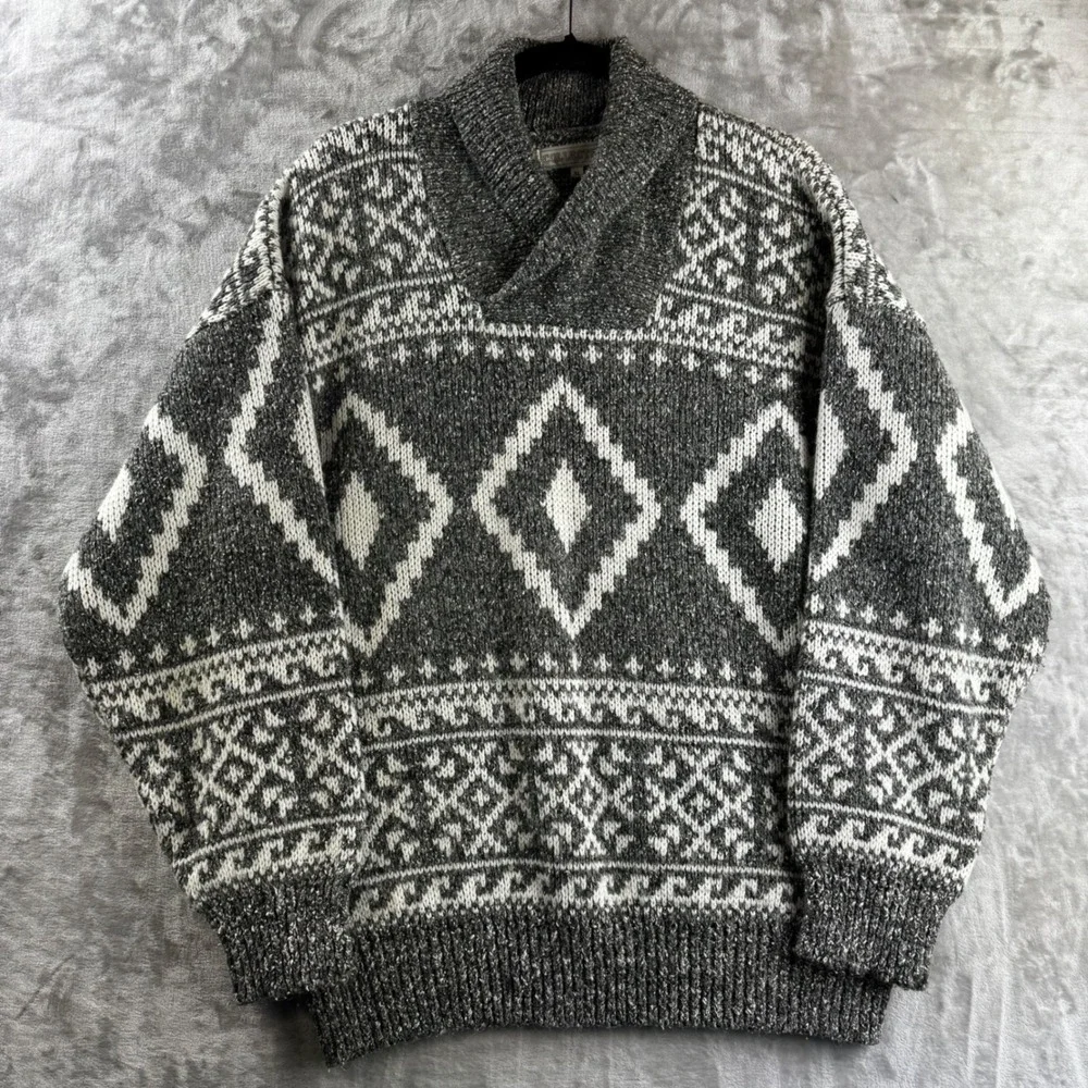 Collectif Sweater Mens XL Gray White Geometric Shawl Neck Wool Blend (1777)